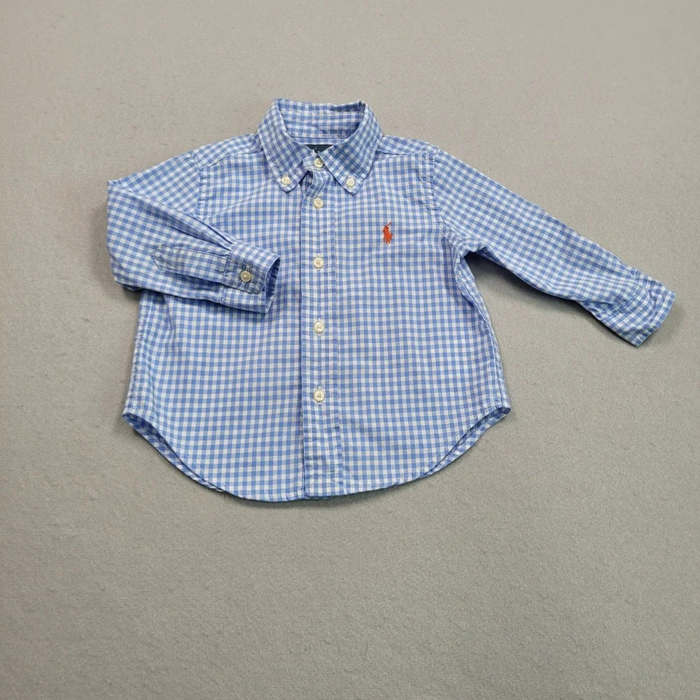 Ralph Lauren Boys Light Blue Gingham Check Long Sleeve Button Down Shirt 12M